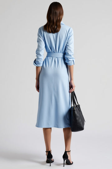 Blue Long Sleeve Lapel Midi Work Dress With Slit